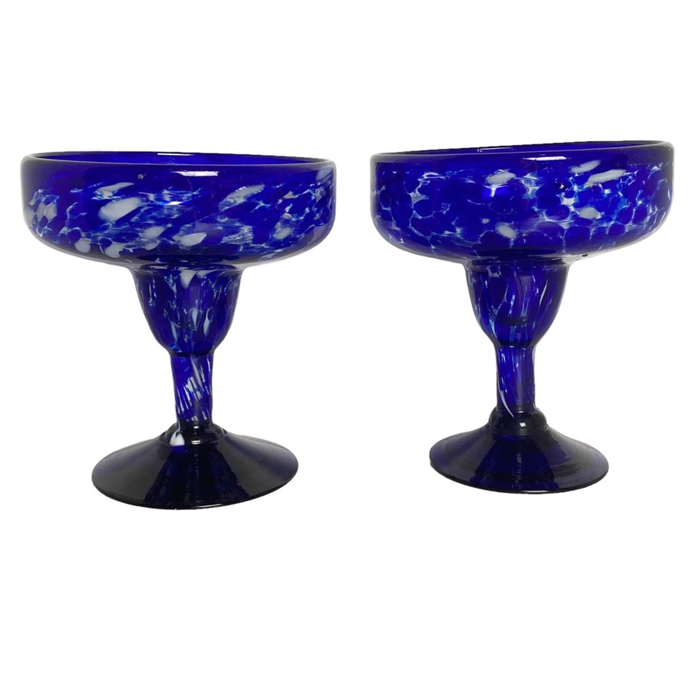 Hand blown cobalt blue confetti margarita glasses set of 2 Mexico cocktail 5.5x5